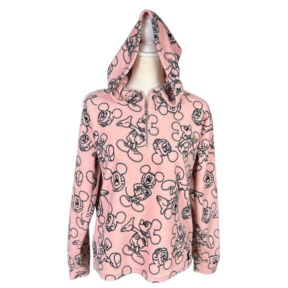 Disney Tops - Disney Mickey Mouse Hoodie Women Size Small Pink Blush Cozy 1/4 Zip Fleece Top